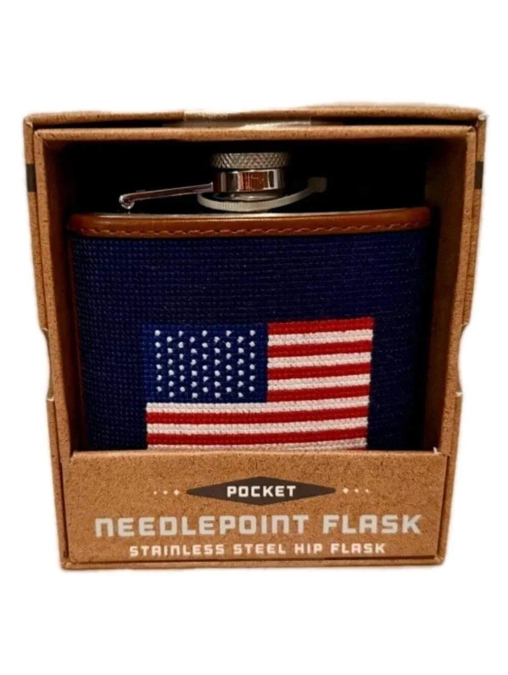 THE KRAFTSMAN CO. :AMERICAN FLAG: NEEDLEPOINT: STAINLESS STEEL: FLASK: 6 OZ: NEW